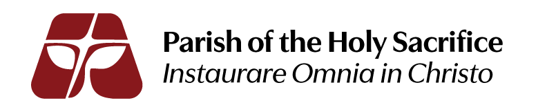 Parish of the Holy Sacrifice Logo featuring a central cross and leaves symbolizing the tree of life
